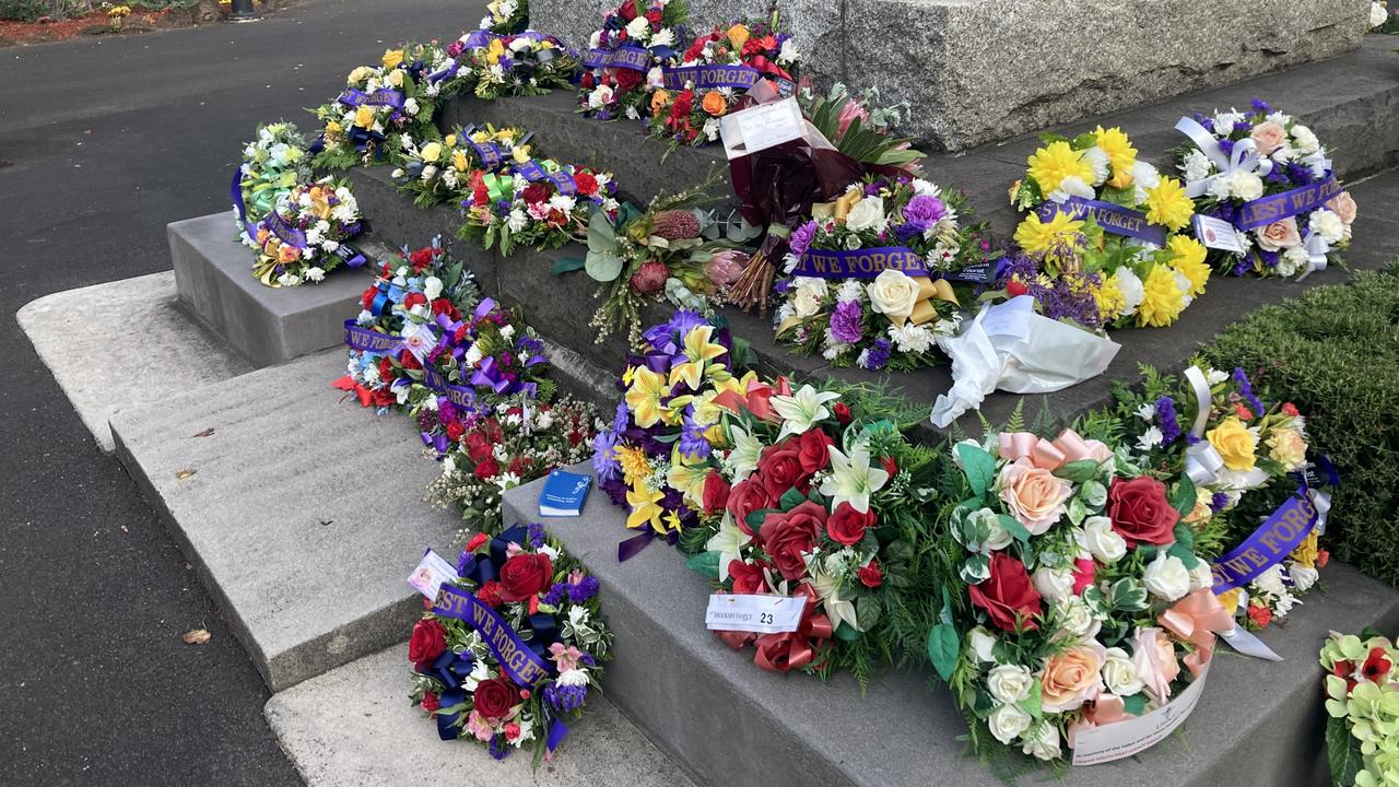 Mount Gambier Anzac Day 2022. Wreaths placed in tribute. Picture: Arj Ganesan