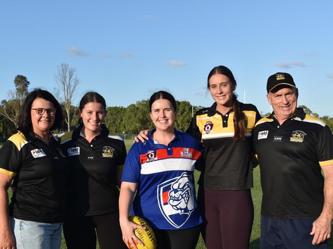 Jeanne (left), Macey, Daneal, Zali and David Ronald at Bakers Creek home ground, Etwell Park. Daneal plays for Moranbah Bulldogs, while Macey and Zali play for the Tigers. Picture: Matthew Forrest