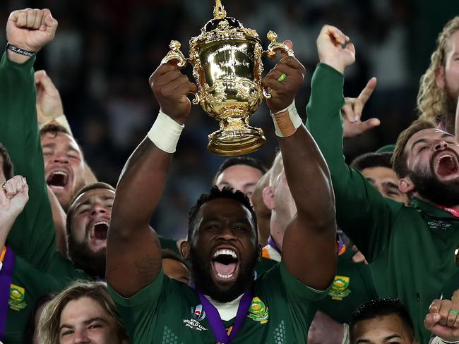 Siya Kolisi, the South Africa captain, raises the Webb Ellis Cup after their victory during the Rugby World Cup 2019 Final. Picture: Getty Images