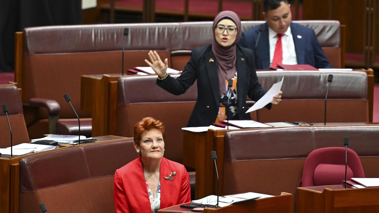 Senator Pauline Hanson and Senator Fatima Payman in the Senate at Parliament House in Canberra. Picture: NewsWire / Martin Ollman