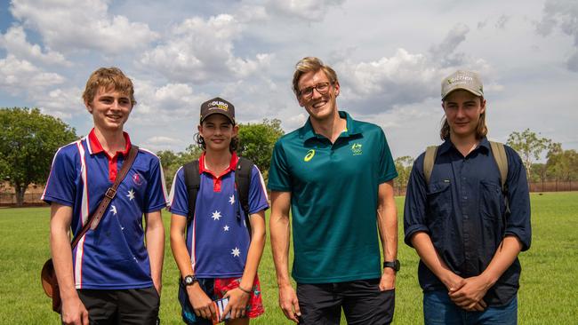 Tiak Ganley, Jack Duffy, Mack Horton and Clayton Bogucki as the Olympians visit Katherine High School as part of the Olympics Unleashed program. Picture: Pema Tamang Pakhrin