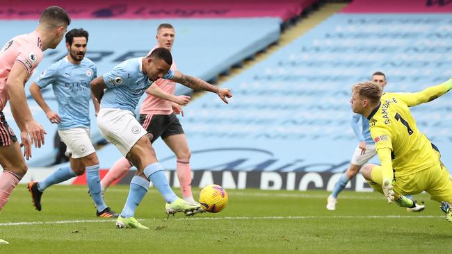 Man City's Gabriel Jesus scores the only goal of the match against Sheffield United