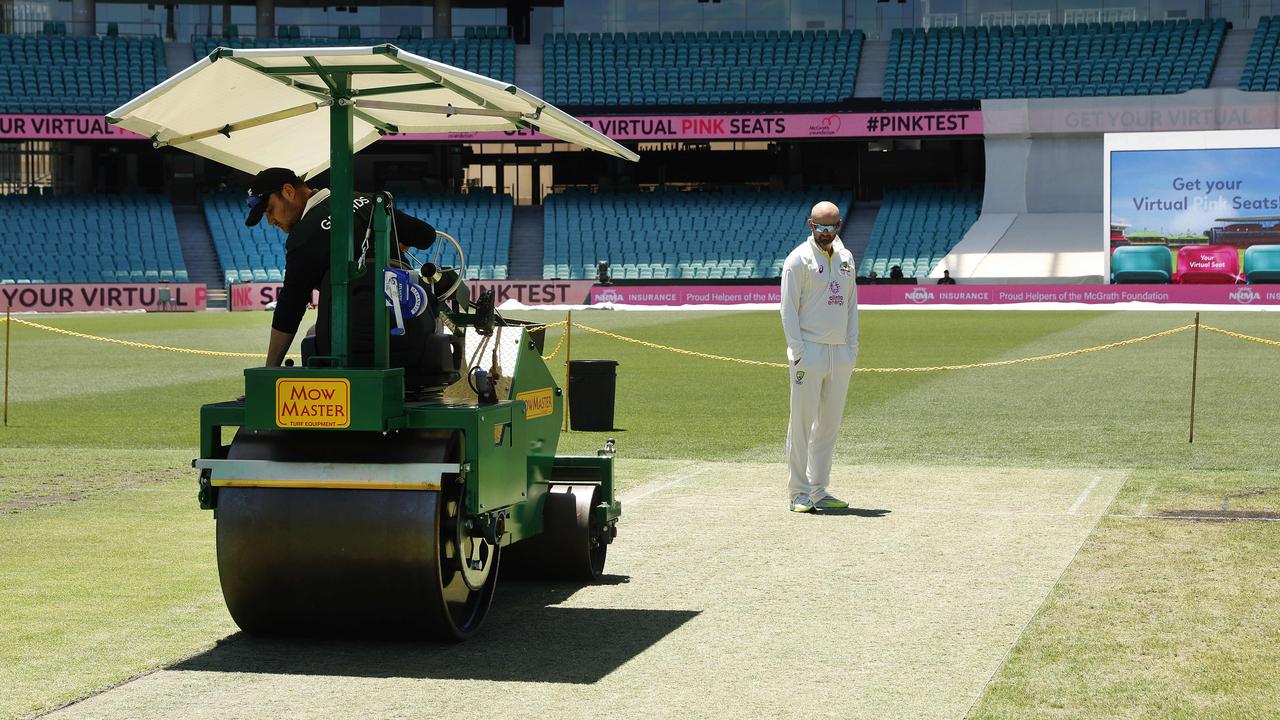 Lyon checks out the wicket. (Image Supplied for Editorial Use only – Phil Hillyard )