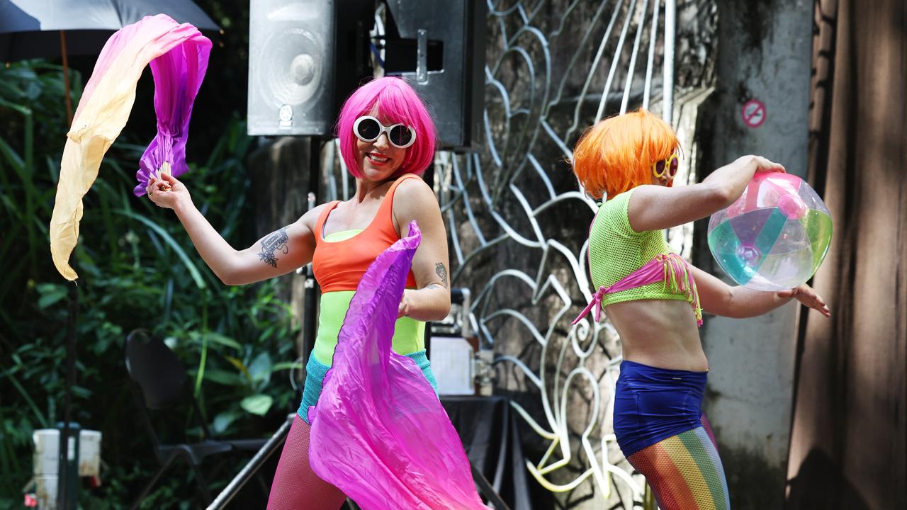 Nina Supernova and Renee Pickle from Buenos Nachos perform to the crowd at the Cairns Pride Festival's Pride Fair day, held at the Tanks Arts Centre, Edge Hill. Picture: Brendan Radke