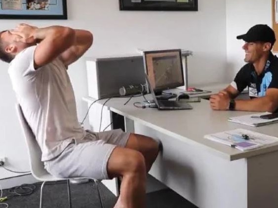 Bronson Xerri being told by then-Sharks coach John Morris he was making his debut in 2019. His mother was the first person he called. Picture: Sharks