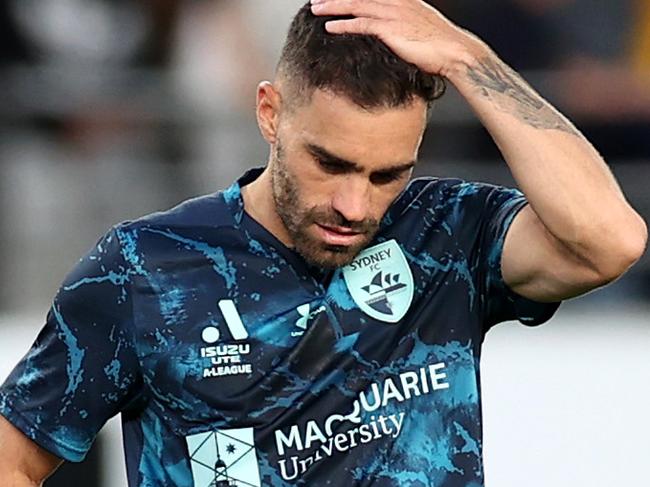 AUCKLAND, NEW ZEALAND - MARCH 16: Anthony Caceres of Sydney FC reacts to the loss (R) during the A-League Men round 21 match between Wellington Phoenix and Sydney FC at Eden Park, on March 16, 2024, in Auckland, New Zealand. (Photo by Fiona Goodall/Getty Images)