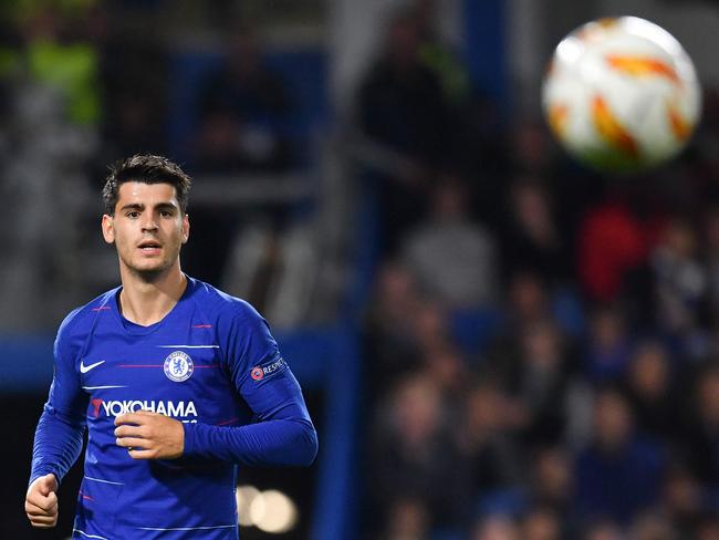 Chelsea's Spanish striker Alvaro Morata watches the ball during the UEFA Europa League Group L football match between Chelsea and Vidi at Stamford Bridge in London on October 4, 2018. (Photo by Ben STANSALL / AFP)