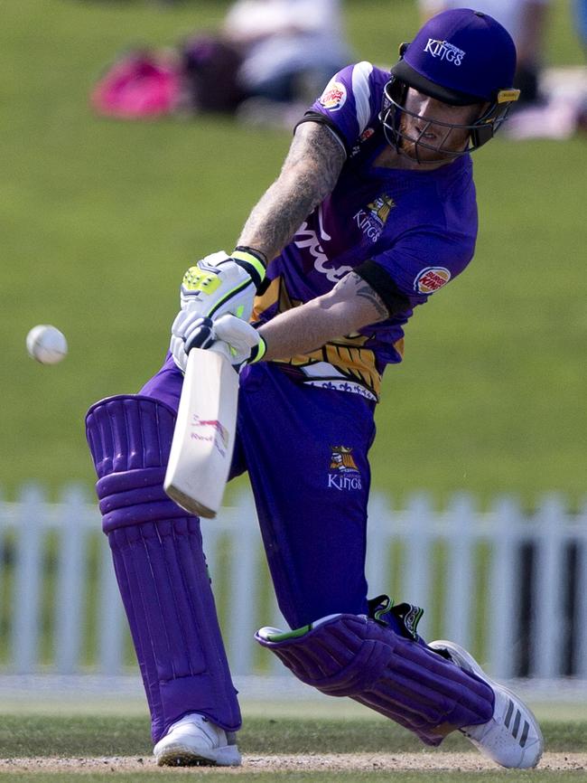 Ben Stokes drives during his innings of 93 runs for Canterbury in New Zealand. Photo: AP