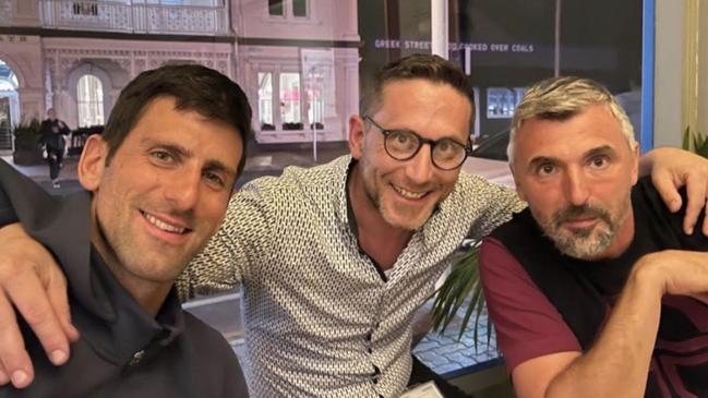 Novak Djokovic dining at Estia Henley on Friday – pictured with Estia managers Ethan Chang and his coach Goron Ivanisevic. Picture: Supplied