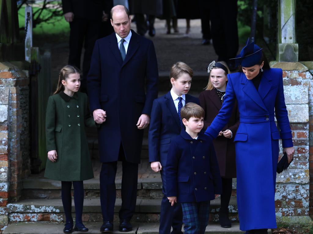 Princess Charlotte, Prince William, Prince of Wales, Prince George, Prince Louis, Mia Tindall and Catherine, Princess of Wales at Sandringham Church on Christmas Day last year. Picture: Stephen Pond/Getty Images