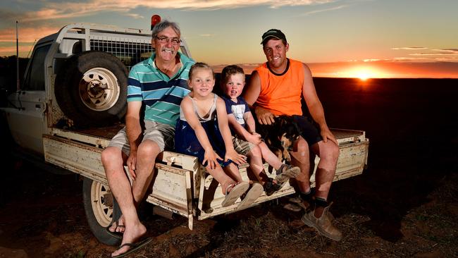 Jeff Baldock, his son Mark Baldock, grandchildren Hannah and Oscar Strauss, and dog Mollie on the family property at Kimba, which was nominated for the proposed nuclear waste facility. The proposal has the family’s support. Picture: Bianca De Marchi