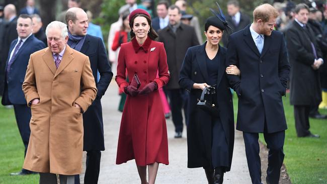 King Charles, Prince William, Princess Catherine, Meghan Markle and Prince Harry on Christmas Day 2018. Picture: AFP