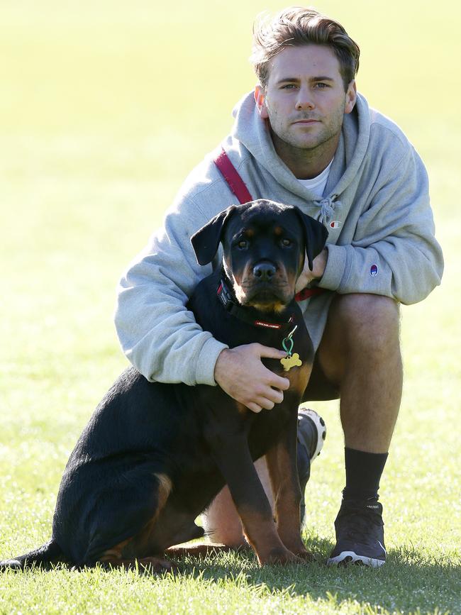 With pet rottweiler Hugo. His housemate Bailey Williams has Hugo’s brother, Barney. Picture: Michael Klein