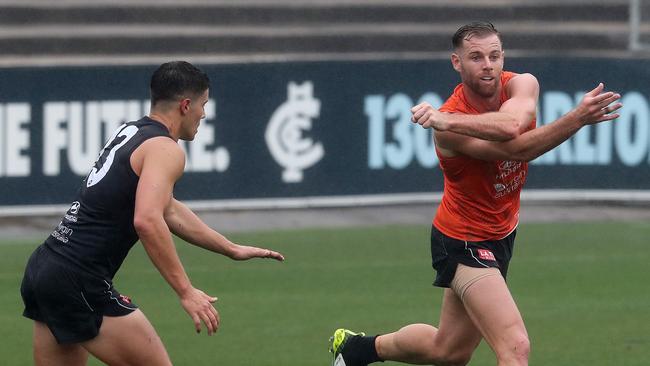 Sam Docherty (right) at Carlton training on Saturday. Picture: Michael Klein