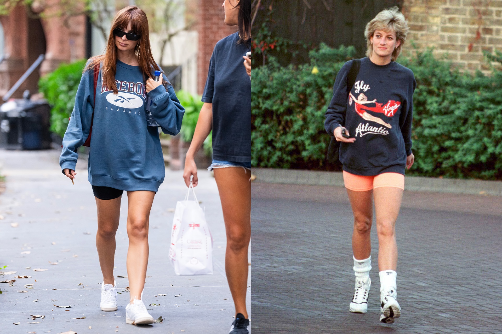 <h3>Emily Ratajkowski</h3><p>In another display of casual off-duty style inspired by Princess Diana, Emily Ratajkowski was spotted in the streets of New York City wearing an oversized Reebok sweatshirt, black biker shorts and sneakers. She also nodded to Diana&rsquo;s 90s style with a pair of little black sunglasses. Princess Diana was spotted in 1995 in an unassuming Virgin Atlantic sweatshirt and orange biker shorts, while also donning a pair of sunnies and a black tote bag, and since then, forever became the muse of this kind of off-duty sporty-luxe look&mdash;one that Em Rata, and countless others&mdash;have channelled over the years.</p>