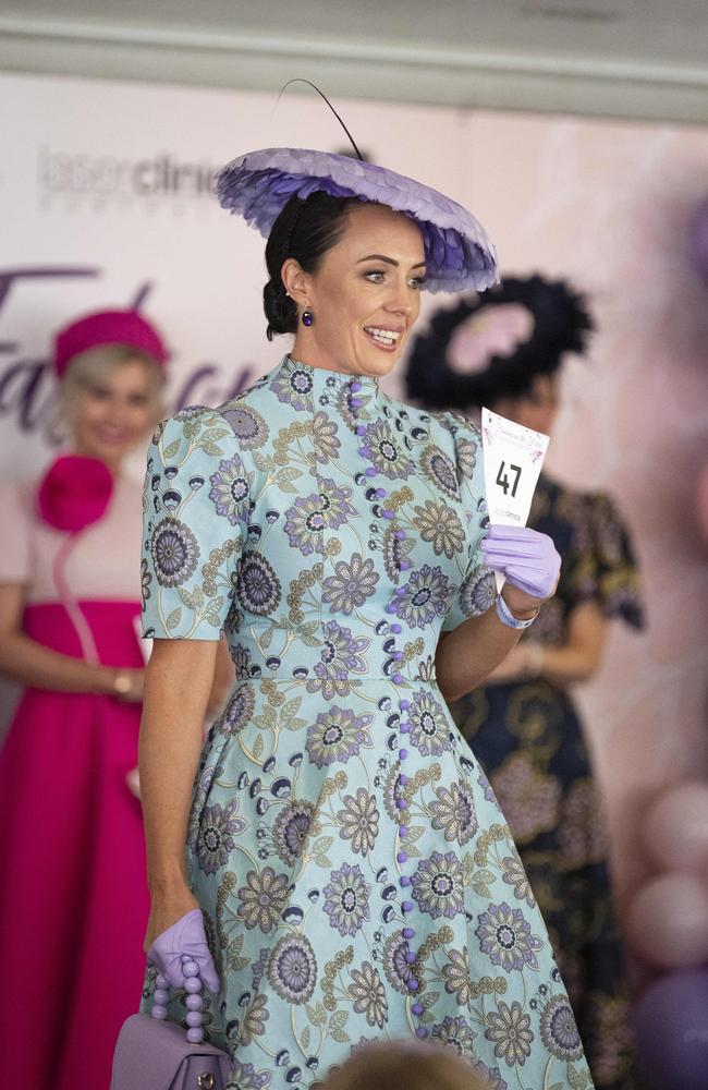 Fashions on the Field milinery winner Bonni Hartshorn at Weetwood raceday at Clifford Park, Saturday, September 28, 2024. Picture: Kevin Farmer