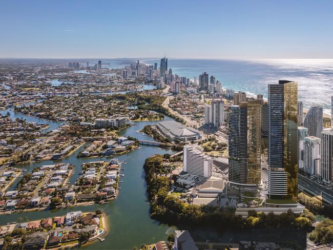 Broadbeach aerial showing new Star GC residential towers