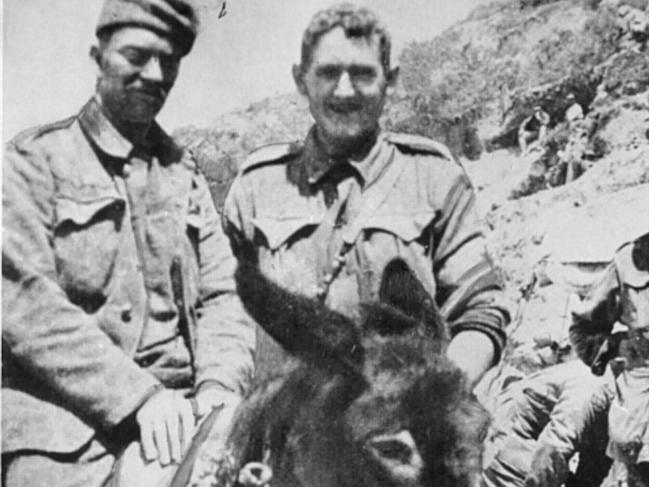 Soldier, stretcher bearer Private John Simpson Kirkpatrick with donkey Murphy on rescue mission during Gallipoli campaign in World War I. one