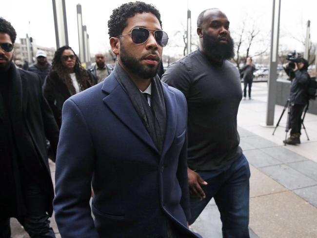 Smollett arriving at a Courthouse in Chicago after being accused of arranging a homophobic, racist attack against himself. Picture: AFP