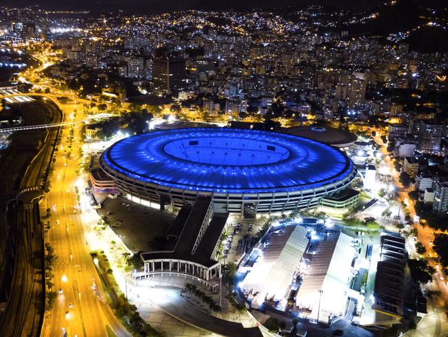 An aerial view of the Maracana stadium, lit up in blue, in Rio de Janeiro. Picture: Getty