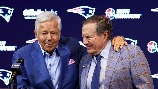Owner Robert Kraft (L) hugs head coach Bill Belichick (R) of the New England Patriots during a press conference at Gillette Stadium on January 11, 2024 in Foxborough, Massachusetts. Maddie Meyer/Getty Images/AFP