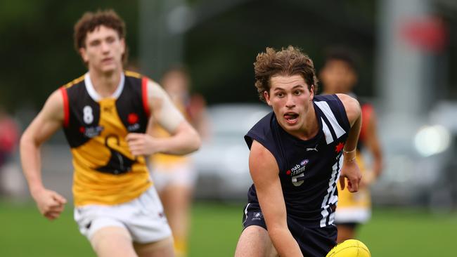 Jhye Clark, right, of the Geelong Falcons. (Photo by Graham Denholm/AFL Photos/via Getty Images)