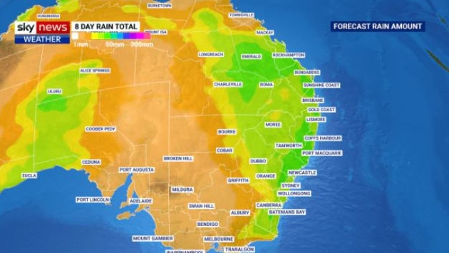 Over eight days, large chunks of New South Wales and Queensland could see decent falls. Picture: Sky News Weather.