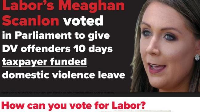 LNP leaflet on Gaven MP Meaghan Scanlon and her support for DV paid leave.