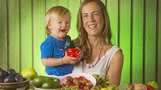 Torquay mother and author Amie Harper shares some colourful healthy food with son Jimmy. Picture: Nathan Dyer