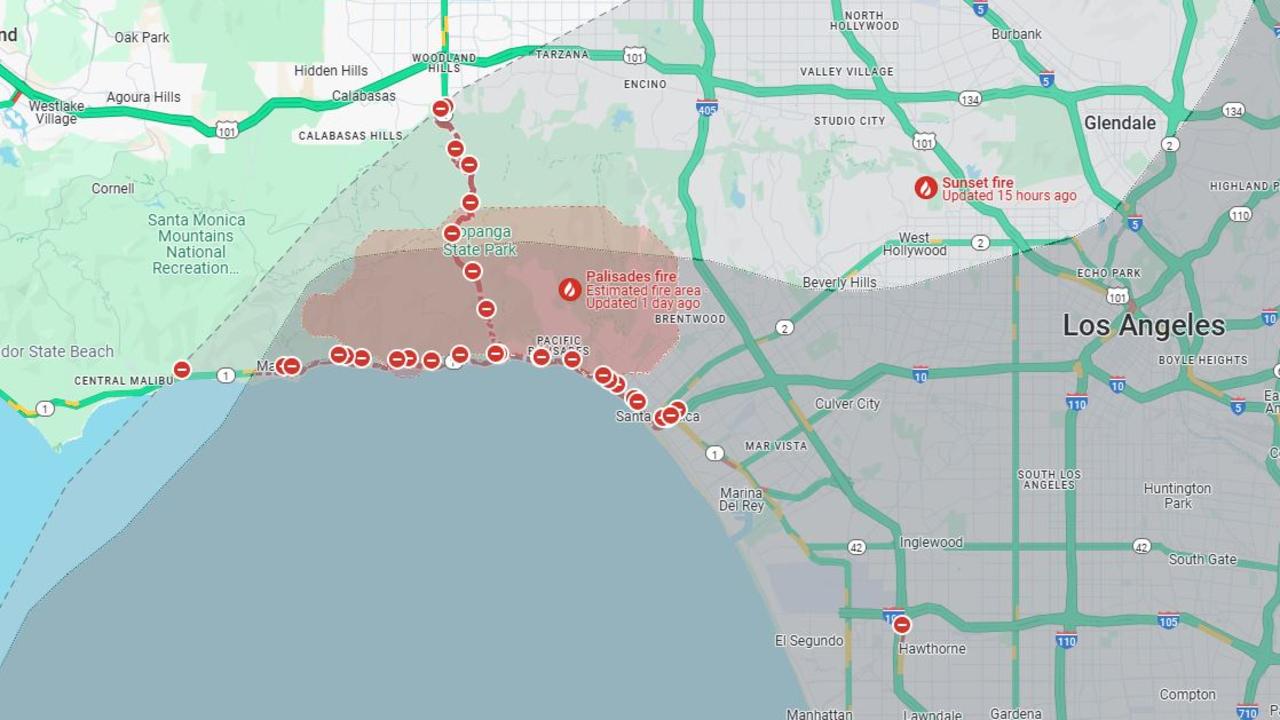 The fire at Pacific Palisades remains uncontained. Picture: Google Maps.