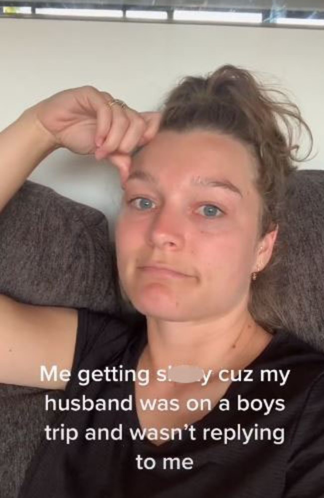 Bonnie Caldwell, 26, from New Zealand, revealed her frustration over her husband failing to reply to her texts while on a boys trip, only to find out he had died. Picture: TikTok/bonniec17