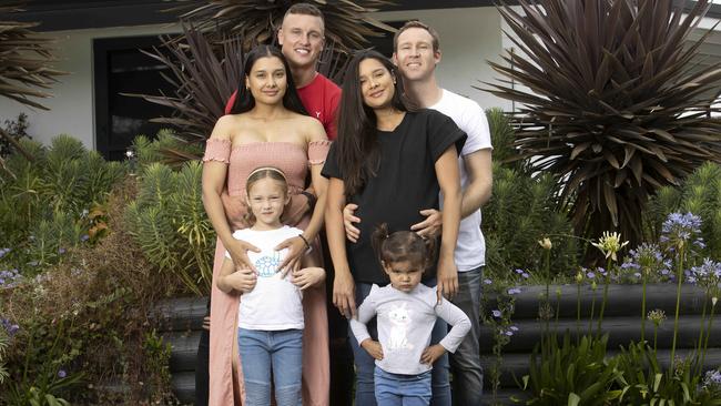 Jack Wighton with his partner Monisha Lew Fatt, their two kids Aaliyah, 6, and Ariah, 2, with Dave Reynolds and his partner Tahan Lew Fatt. Picture: NCA NewsWire / Gary Ramage