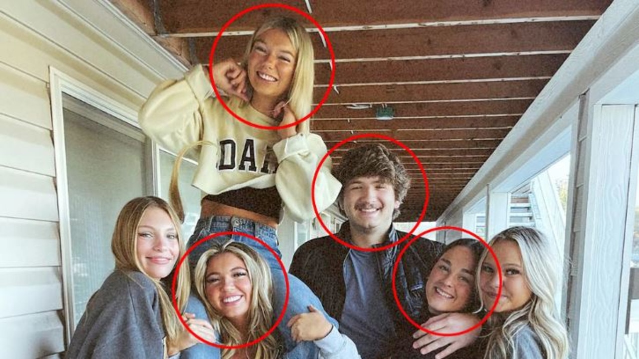 University of Idaho murder victims (and two housemates that survived) – Left to right – Dylan Mortensen, Kaylee Goncalves (with Madison Mogen on shoulders), Ethan Chapin, Xana Kernodle and Bethany Funke. Picture: Instagram