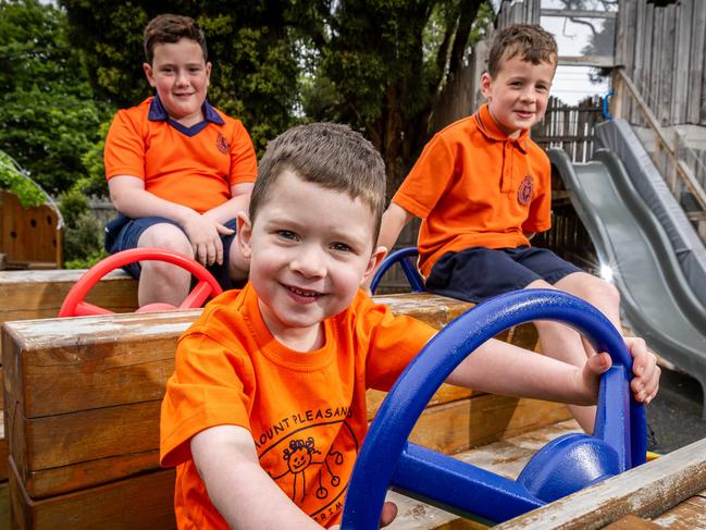 Mount Pleasant Road Primary School is fully integrated with an on site  3- and 4-year-old kindergarten. Semmens brothers Jordan (10), Tate (3) and Andrew (7) are pupils at the school. Picture: Jake Nowakowski