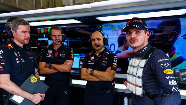 Verstappen, right, with members of the Red Bull team before the race. Picture: Mark Thompson/Getty Images