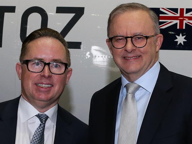 SYDNEY, AUSTRALIA  - AUGUST 14 2023: Prime Minister, Anthony Albanese and Qantas CEO Alan Joyce attend the launch of the Qantas 'Yes' Campaign at Qantas Hangar 96 in Sydney, where The Prime Minister will deliver a speech. Picture: NCA Newswire / Gaye Gerard