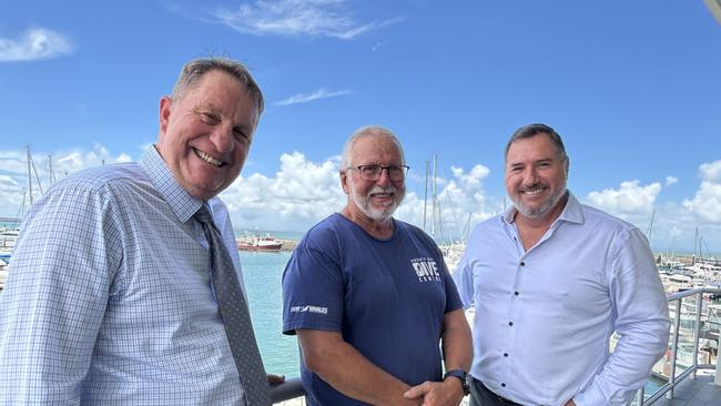 Member for Hervey Bay David Lee with Hervey Bay Dive Centre owner Ed Gibson and Tourism Minister Andrew Powell.