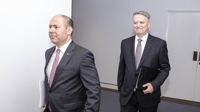 Treasurer Josh Frydenberg and the Minister for Finance, Senator Mathias Cormannarrive for their press conference. Picture: NCA NewsWire / Gary Ramage