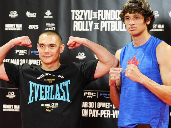 Tszyu and Fundora pose at the Split T Boxing Club in the lead-up to Sunday’s fight. Picture: Louis Grasse/Getty Images