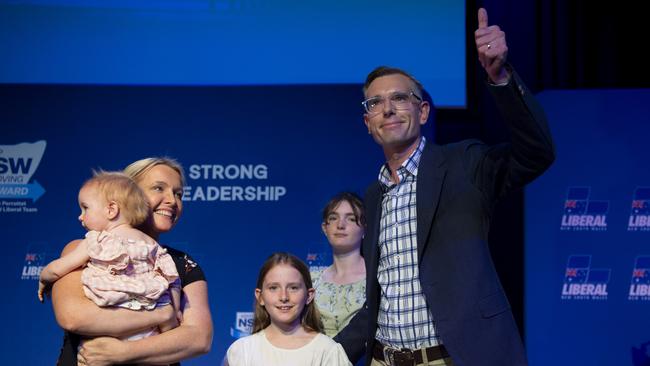 Dominic Perrotet with his famaily at the Liberal’s "Keep Western Sydney Moving Forward" rally. Picture: Daily Telegraph/ Monique Harmer