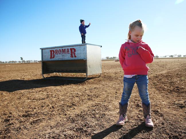 Eve and Finn Holcombe’s family farm 40km from Walgett has been ravaged by drought. Picture: Sam Ruttyn