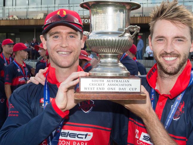 Ian Cockbain (left) and Mike Cranmer from the East Torrens District Cricket Club with the South Australian Cricket Association West End One Day Cup. Picture: East Torrens District Cricket Club