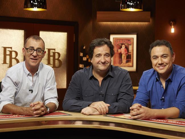 Andy Maher, Mick Molloy and Sam Pang on the set of Channel 7 AFL football show The Front Bar.