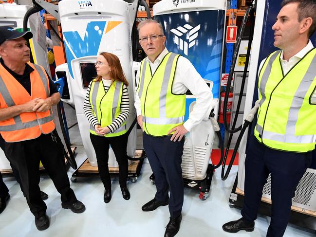 BRISBANE, AUSTRALIA - NewsWire Photos - FEBRUARY 10, 2021.Federal Opposition Leader Anthony Albanese (centre) and Shadow Treasurer Jim Chalmers (right) visit electric vehicle chargers manufacturer Tritium in Brisbane. Mr Albanese is expected o make an announcement regarding industrial relations tonight. Picture: NCA NewsWire / Dan Peled