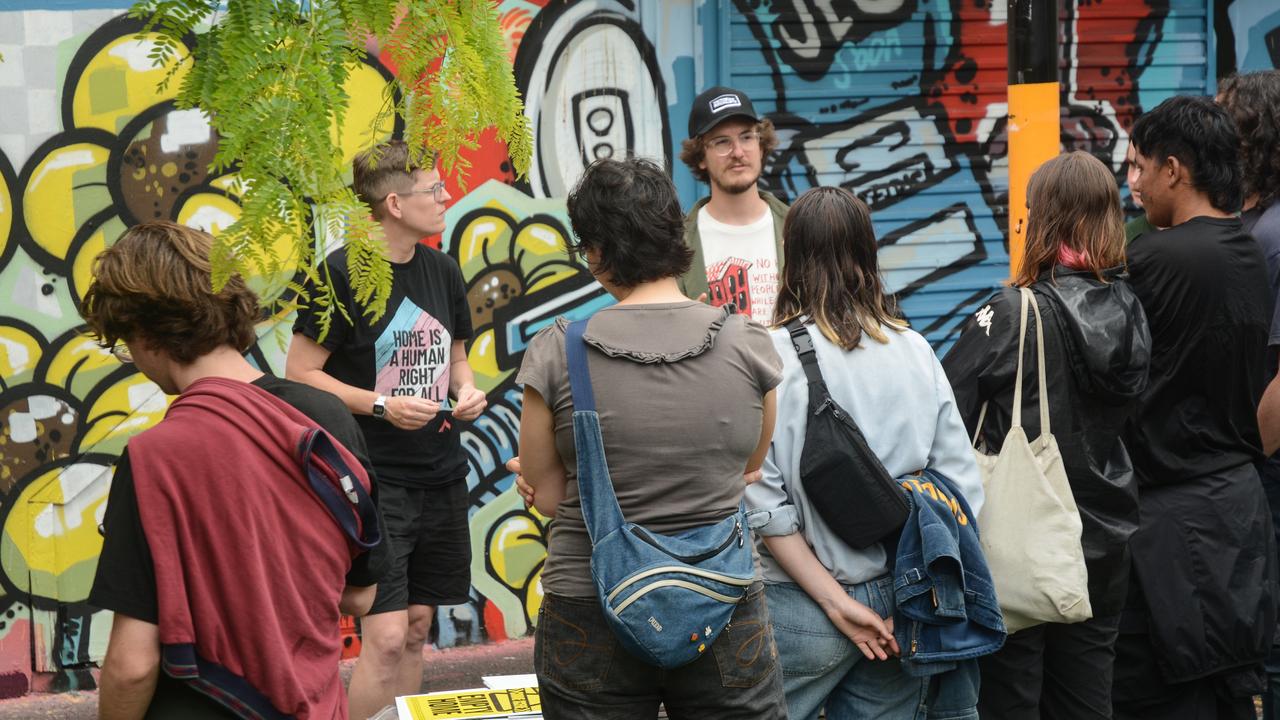 Victorian Socialists federal election candidate Jordan van den Lamb and supporters gathered in Brunswick, Melbourne, to distribute campaign stickers among vacant houses, on the weekend.