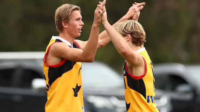 Blake Kuipers (left) celebrates one of his goals on debut for the Dandenong Stingrays.