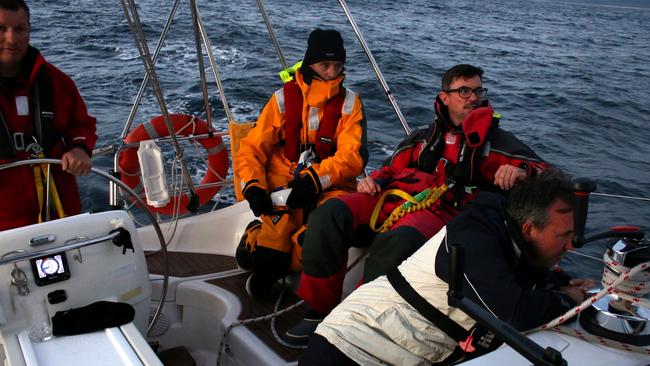 David Hows, Alex Lomakin, Steven Humphris and Sean Hanrahan on deck during the Sydney Gold Coast Yacht Race aboard Ocean Gem. Photo: Shaya Laughlin