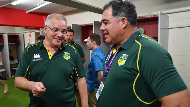 Scott Morrison with Australian rugby league coach Mal Meninga. Picture: AAP