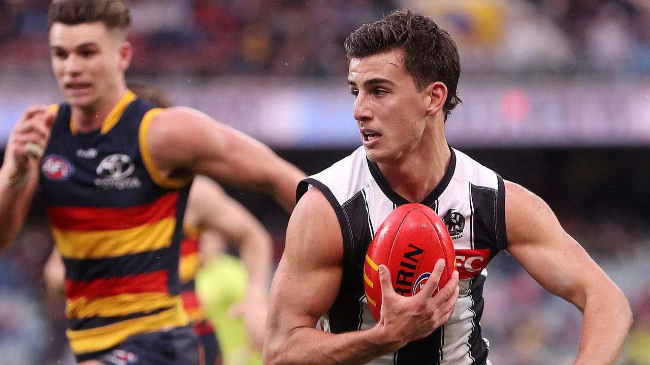 ADELAIDE, AUSTRALIA – JULY 16: Nick Daicos of the Magpies during the 2022 AFL Round 18 match between the Adelaide Crows and the Collingwood Magpies at the Adelaide Oval on July 16, 2022 in Adelaide, Australia. (Photo by Sarah Reed/AFL Photos via Getty Images)