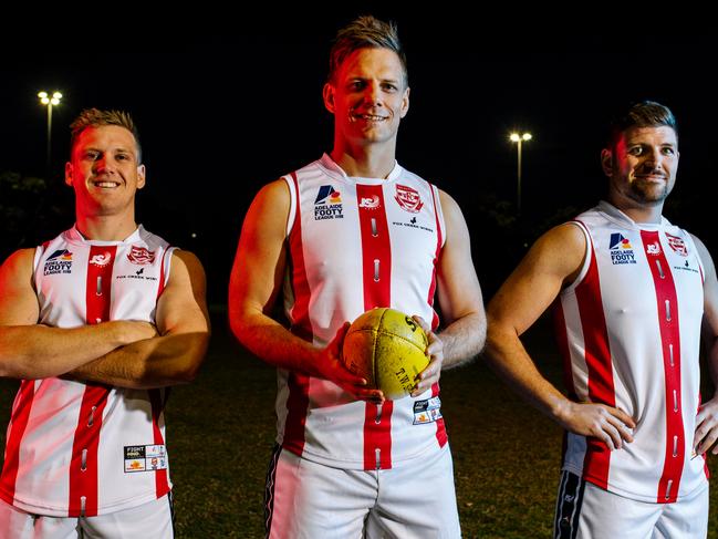 Sean Kuerschner, Ryan Madden and Adam Law ahead of Walkerville Football ClubÃ¢â¬â¢s 120th year on Tuesday, July 13, 2021. (The Advertiser/ Morgan Sette)